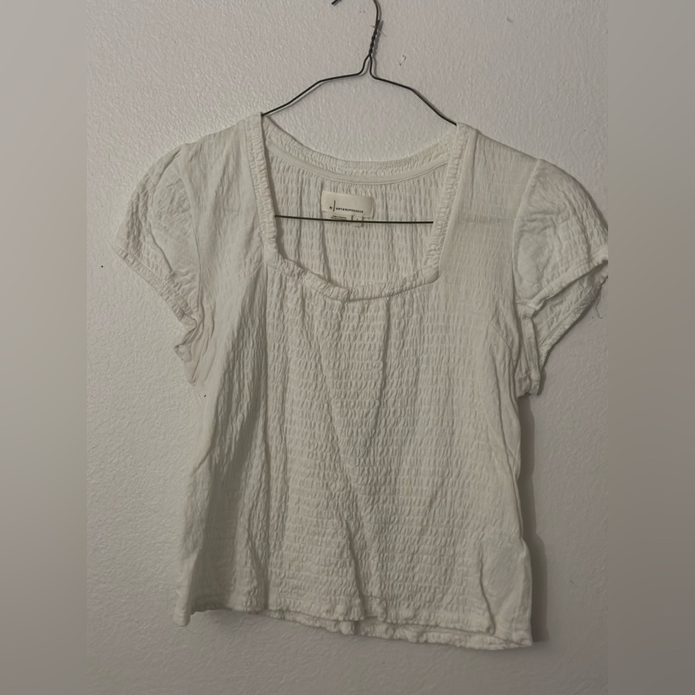 White blouse in cinch material from Anthropologie.